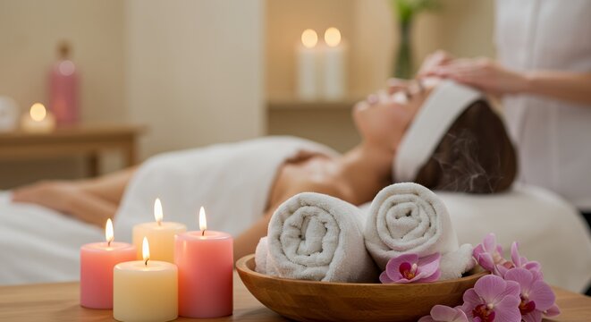 Tranquil Spa Facial Treatment: Soft Warm Lighting, White Towels, Pink Candles