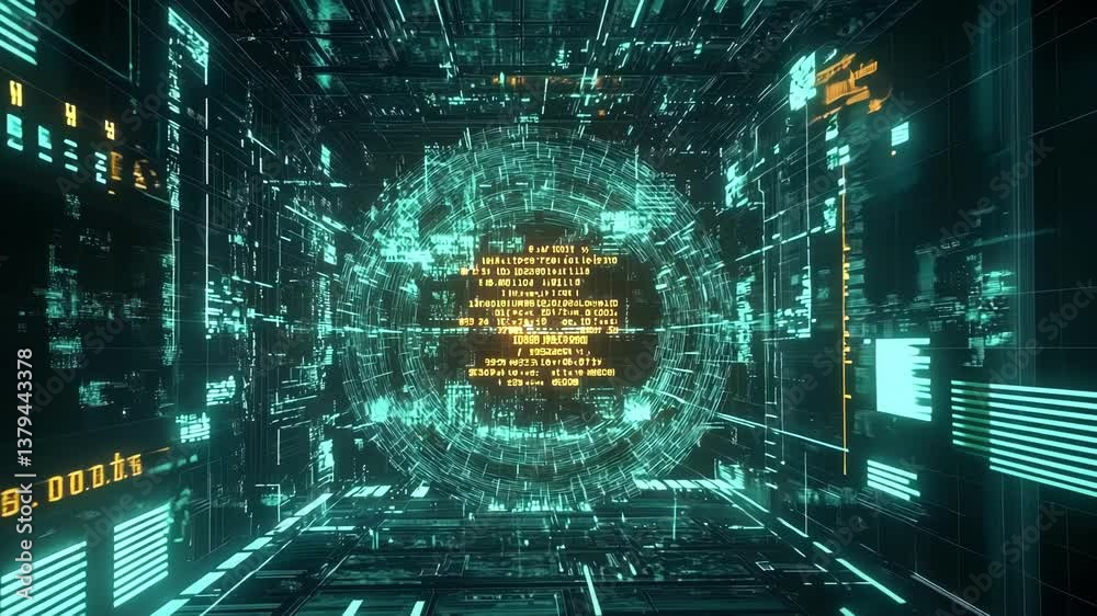 Aufkleber flowing digital information through futuristic cyberspace converges at a rotating core displaying en