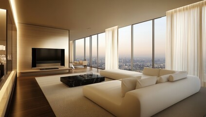 Fototapeta premium Modern luxury living room apartment with city skyline view