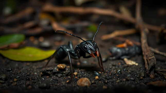 Close-up of Odontomachus bauri on wet rainforest soil, macro detail
