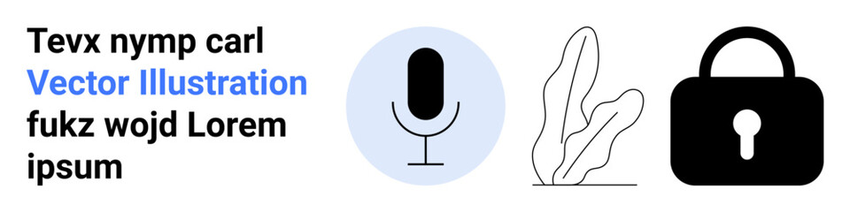 Black microphone in a blue circle, abstract botanical shapes, and a padlock focus on technology, natural elements, and security. Ideal for audio apps, tech branding, online safety, creative content