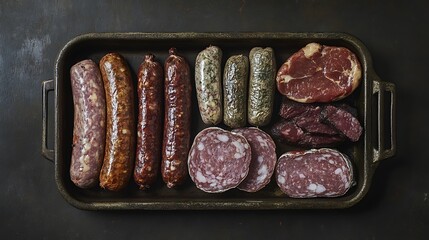 Assorted uncooked artisan sausages and sliced meats on a rustic tray. Perfect for grilling or a charcuterie board, catering to diverse tastes.