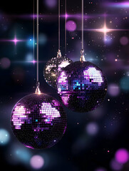 Purple Disco Balls Hanging Against Dark Sparkling Background