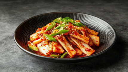 Spicy kimchi with green onions in a dark bowl.