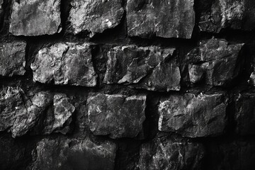 Fototapeta premium Grayscale image of textured stone wall with uneven rough surfaces