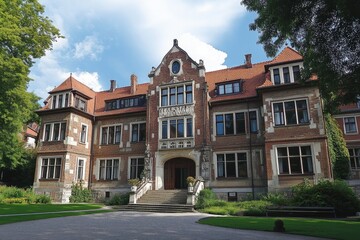 Naklejka premium Historic brick mansion with towers surrounded by green lawns under blue sky