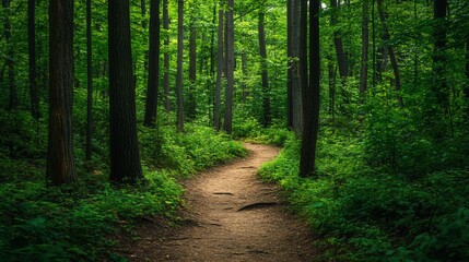 Obraz premium Winding woodland path under canopy of towering trees, natural scenery