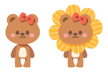 Set illustration character cartoon of cute little brown bear. Little bear in the big forest. It is a cartoon illustration that is kawaii. Idea for print, cartoon, card, decoration and sticker.