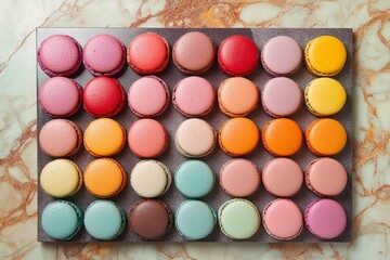 Obraz premium Assorted colorful macarons arranged in rows in a box from top view