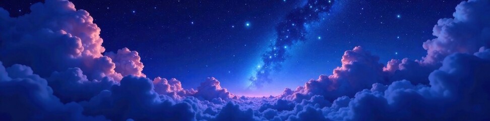 Swirling clouds of dark blue and purple hues with twinkling stars across a velvety black sky, universe, , cosmos