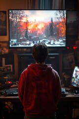 Fototapeta premium Person watches winter scene on large screen in messy, dark room