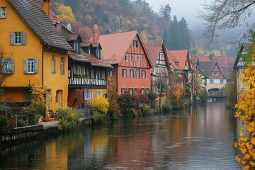 Riverside village with colorful houses reflecting in calm water during cloudy day