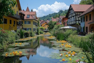 Obraz premium Colorful village reflection on calm river surrounded by nature and houses