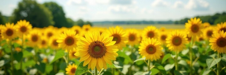 Fototapeta premium Summer sunflowers in fields, yellow, sun, bright