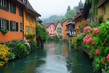 Obraz premium Charming narrow street with vibrant houses and blooming flowers along a tranquil waterway