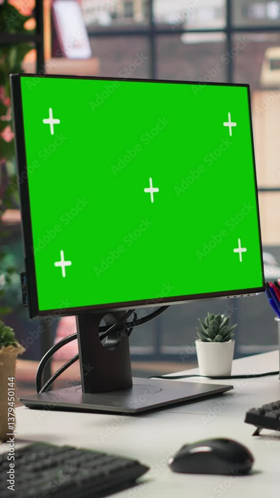 Poster vertical video chroma key computer displays in empty office showing analytics dashboards and data gr