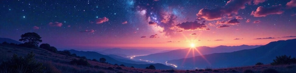 Fototapeta premium Sparkling starry expanse above vast landscape, mountains, hills, stars