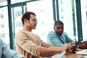 Teamwork, web designers and people on tablet for research, meeting or info online in creative...