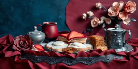 Fototapeta premium Sophisticated and elegant composition, rich burgundy and deep blue hues, layered papier-mâché, sculpted textures, detailed depiction of a Mother's Day breakfast tray
