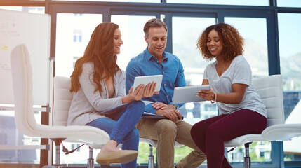 Smile, teamwork and business people with tablet in office, research or story trends for...