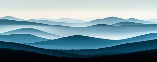 Obraz premium Misty morning in a remote mountain range, layers of rolling fog softening the landscape, magical and tranquil scene capturing natureâ€™s quiet beauty