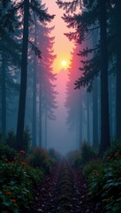 Fototapeta premium Softly glowing forest at dusk, misty atmosphere, mystical ambiance, forest,