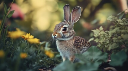 Fototapeta premium Cute bunny in a flower garden.