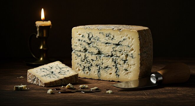 Still life of blue cheese wedge with knife and candle on a dark wooden surface background