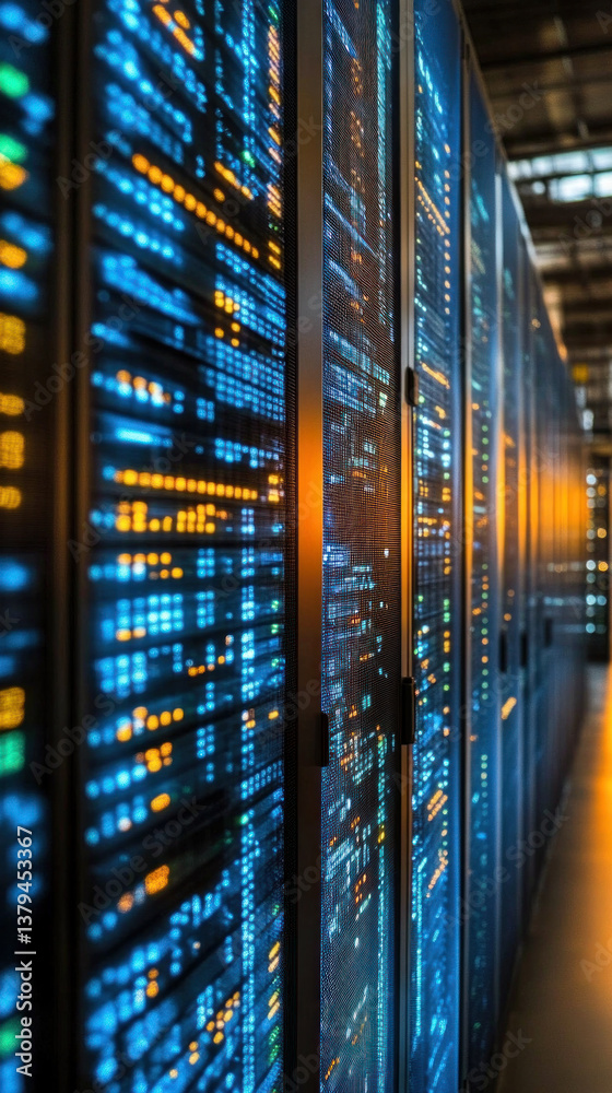 Poster a row of computer servers with blue and orange lights. the servers are connected to each other and a
