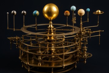 Highly Detailed Brass Orrery with Planetary Models and Mechanical Gears – Antique-Style Solar System Representation on Dark Background