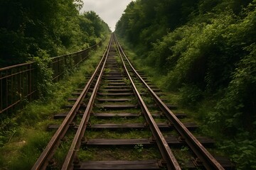 Fototapeta premium Train tracks surrounded by lush greenery stretching into the distance.