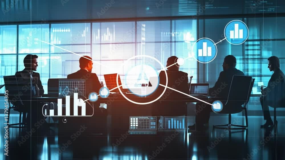 Wall mural business team analyzing graphs and code on a cutting edge screen during a cyber security meeting in 