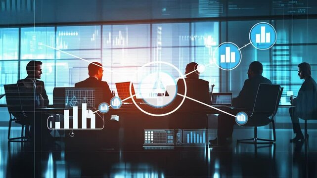 Business team analyzing graphs and code on a cutting edge screen during a cyber security meeting in a sleek, modern office, focusing on data driven solutions and collaboration