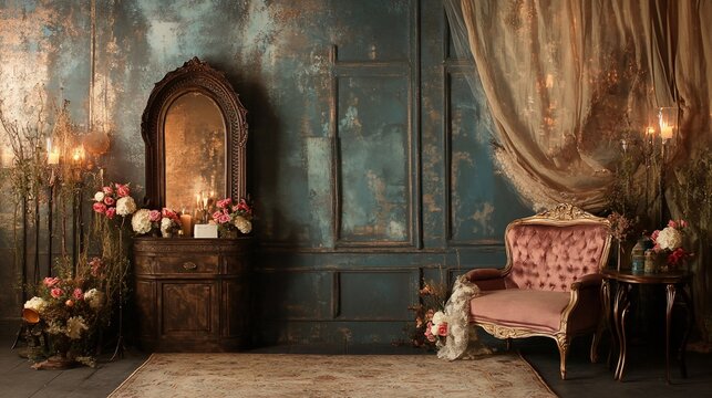 Vintage elegance, Ornate mirror, antique furniture, and floral arrangement