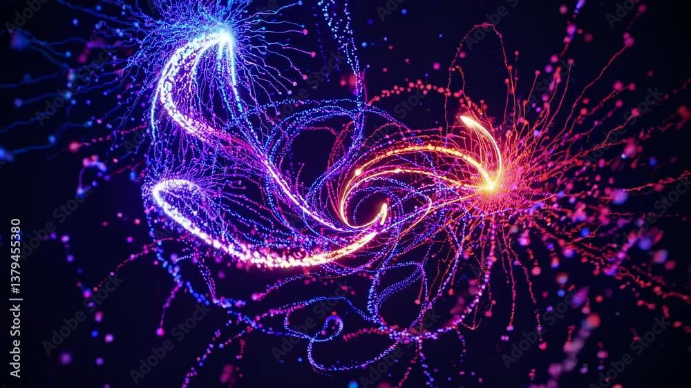 Sticker abstract video concept with vibrant neon lines and particles swirling in a dark space. dynamic top-d