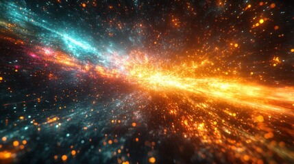 Dynamic cosmic explosion abstract art with luminescent gold green violet streaks and motion blur in deep space