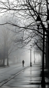 Fototapeta Solitary Figure Walking on a Foggy City Street