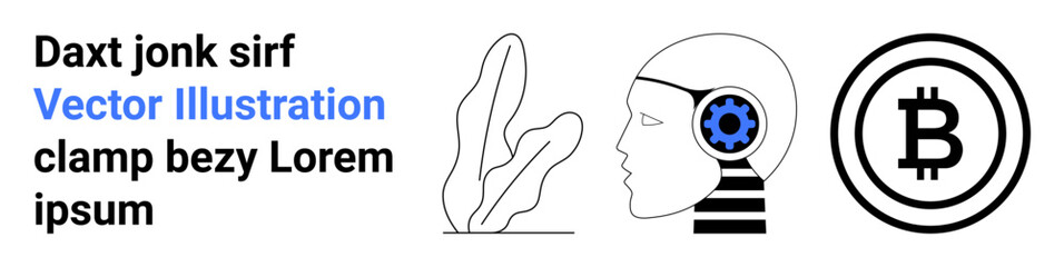 Human profile with mechanical gear, abstract plant element, and Bitcoin symbol. Ideal for technology, AI, cryptocurrency, blockchain, futuristic concepts, innovation nature-technology balance