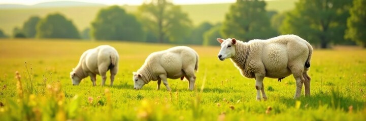 Fototapeta premium Sheep grazing in the field, pastures, livestock, sheep silhouette