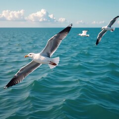 Fototapeta premium Seagulls soaring over calm ocean waters, wildlife, calm water, ocean