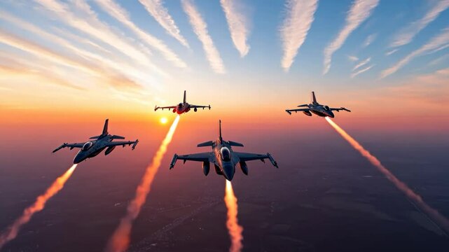 Military jets in formation at sunset