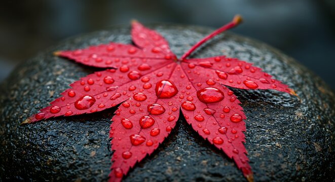 Vibrant Red Maple Leaf with Water Droplets on Smooth Stone