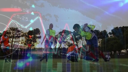 Practicing soccer on field, players with animation of financial data graphs - Powered by Adobe