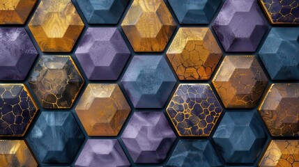 Abstract hexagonal pattern with varying textures and colors in shades of blue, gold, and purple.