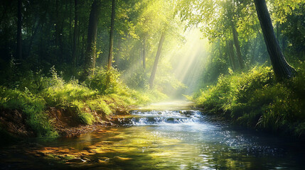 Obraz premium Sunbeams illuminate a tranquil forest stream.