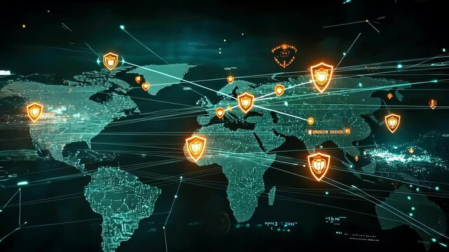 A darkened map of the globe illuminated by glowing hotspots each connected by bright lines representing the flow of information accompanied by shield icons that reflect the ongoing