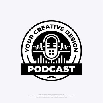 Black and white podcast logo in badge style