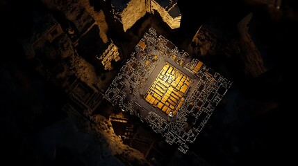 Aerial view of a luminous square illuminated at night surrounded by dark urban structures highlighting the contrast of light and shadow