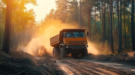 Heavy-duty dump truck navigating a forest dirt road at sunrise, kicking up dust