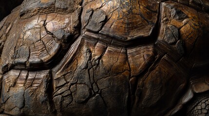 Close-up texture of a tortoise shell, showing cracked and weathered surface detail.